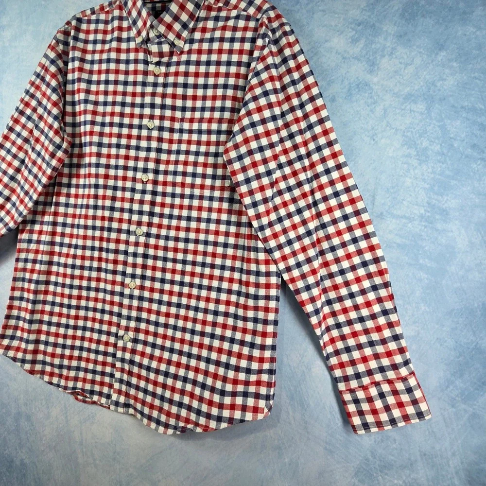 Banana Republic Mens Oxford Standard Fit Gingham Shirt Red White Blue Large